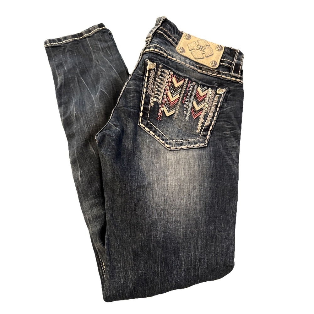 Miss Me Aztec Style Embellished LowRise Light Wash Straight Jean SZ 26 (26x29)
